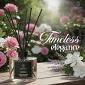 Reed diffuser with 'Timeless elegance' text and gardenia fragrance label against a floral background.