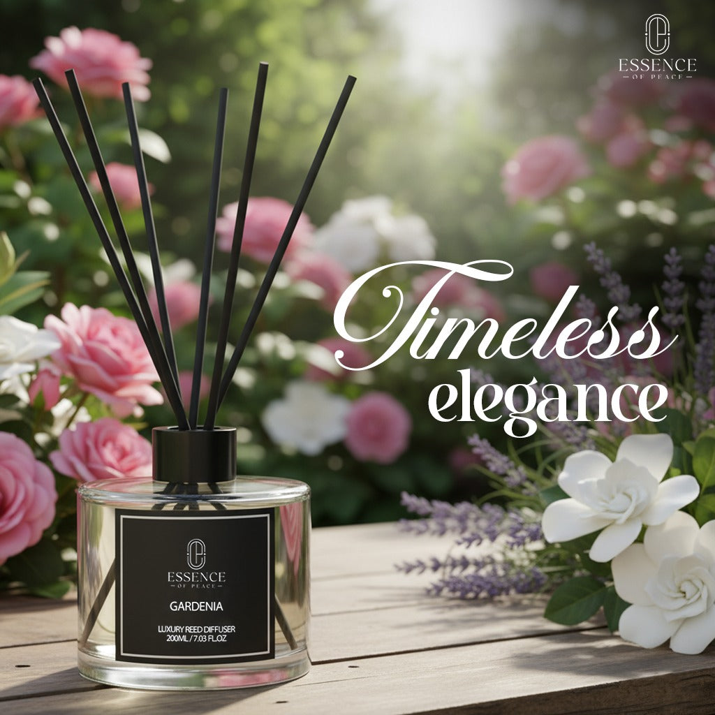 Reed diffuser with 'Timeless elegance' text and gardenia fragrance label against a floral background.