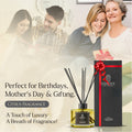 Reed diffuser and packaging with text about gift-giving occasions and fragrance.