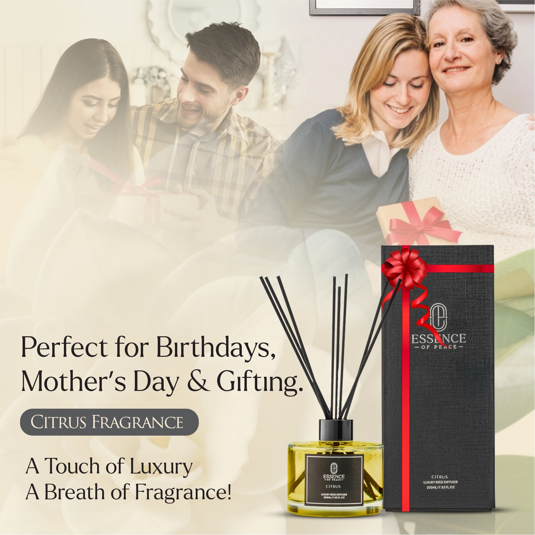 Reed diffuser and packaging with text about gift-giving occasions and fragrance.