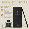Luxury reed diffuser set with packaging and reeds on a beige background