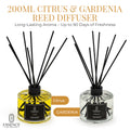 Two reed diffusers labeled 'Citrus' and 'Gardenia' with black sticks on a white background.