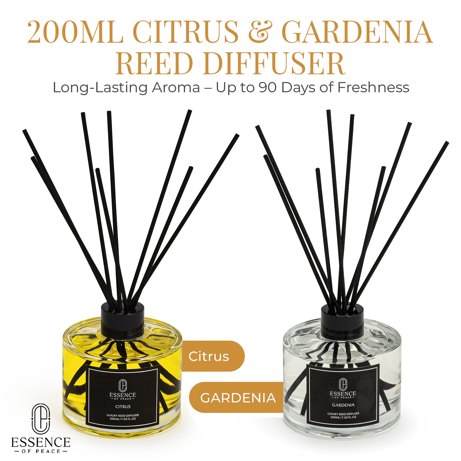 Two reed diffusers labeled 'Citrus' and 'Gardenia' with black sticks on a white background.