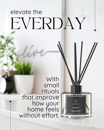 The image is an advertisement for a home fragrance product, encouraging small rituals to improve the home environment without effort.